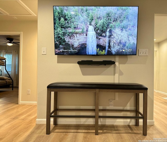 interior details with hardwood / wood-style flooring and ceiling fan