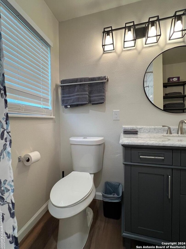 bathroom with hardwood / wood-style floors, vanity, and toilet