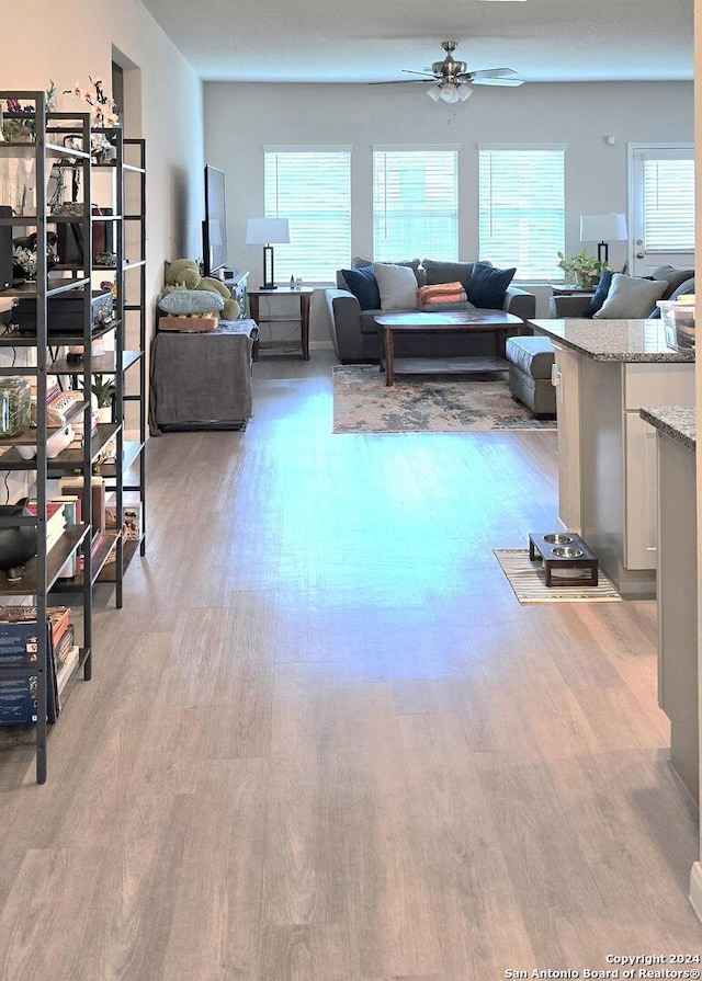 living room featuring ceiling fan and light hardwood / wood-style floors