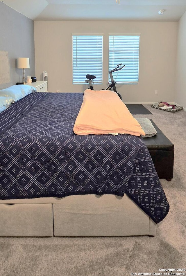 carpeted bedroom featuring lofted ceiling