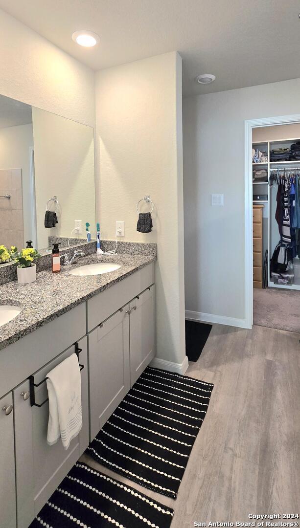 bathroom with wood-type flooring and vanity