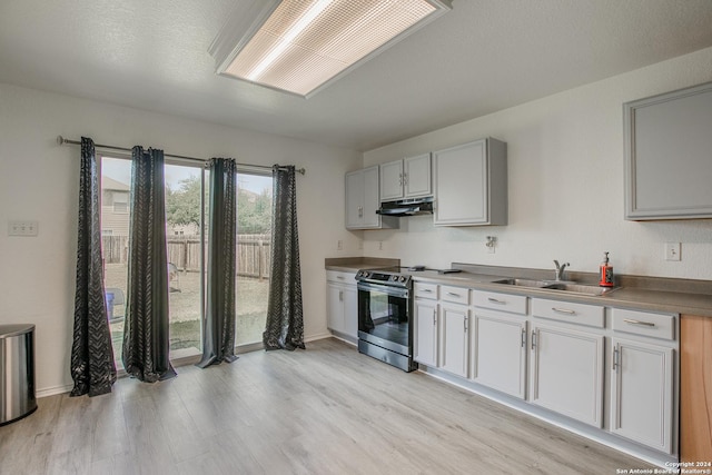 kitchen featuring electric range, sink, light hardwood / wood-style floors, and a textured ceiling