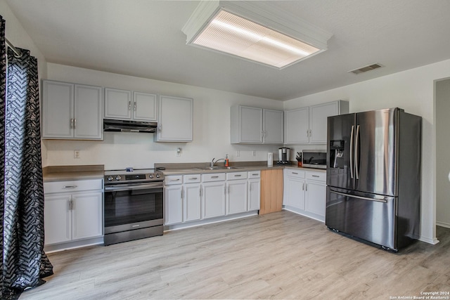 kitchen with white cabinets, appliances with stainless steel finishes, light hardwood / wood-style flooring, and sink