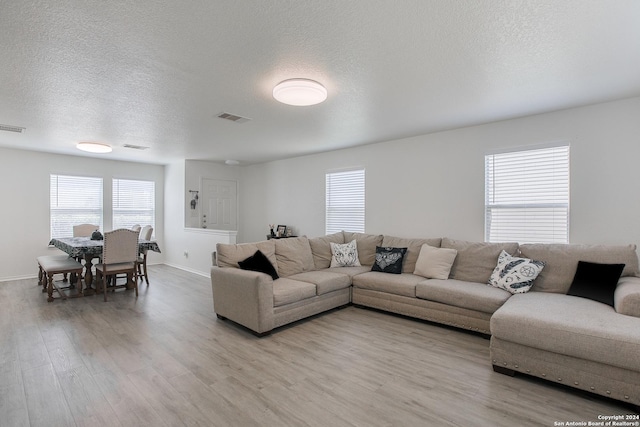 living room with light hardwood / wood-style floors and a textured ceiling