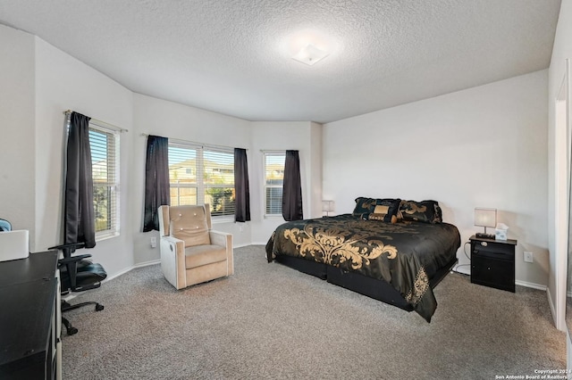 carpeted bedroom with a textured ceiling