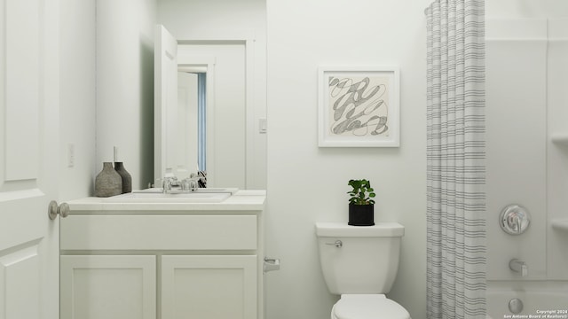 full bathroom featuring vanity, shower / tub combo, and toilet