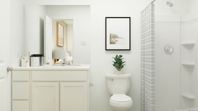 bathroom featuring a shower with curtain, vanity, and toilet