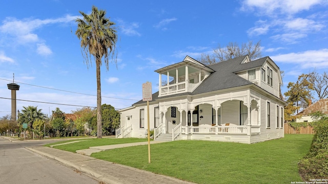 view of front facade featuring a balcony, covered porch, and a front yard