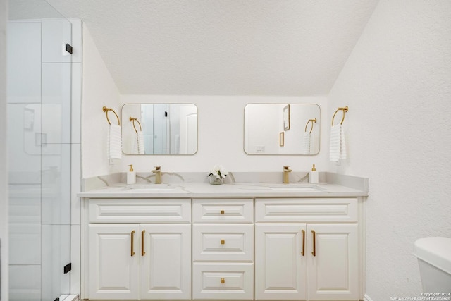 bathroom with vanity, toilet, and lofted ceiling