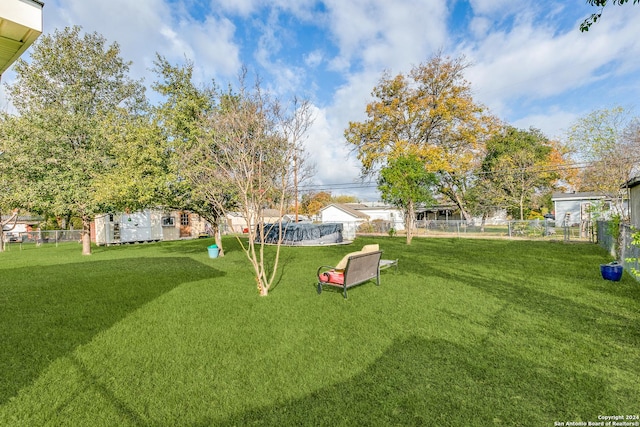 view of yard with a pool and a storage shed