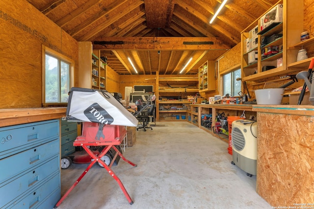 miscellaneous room with plenty of natural light, vaulted ceiling, and concrete floors