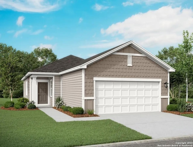 ranch-style home with a garage and a front lawn