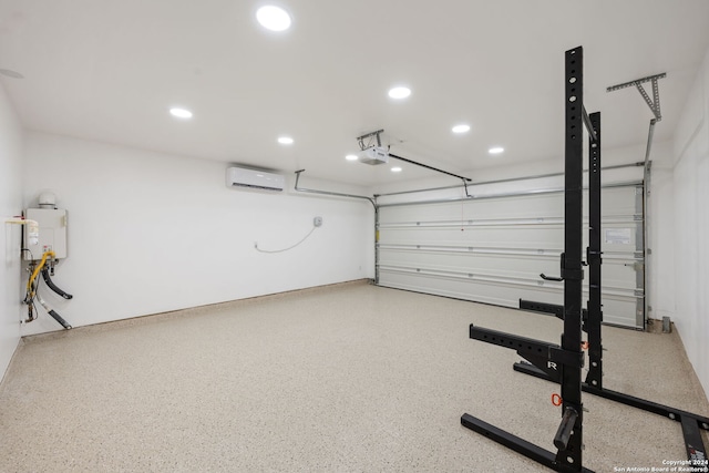 garage with a wall mounted air conditioner, a garage door opener, and water heater