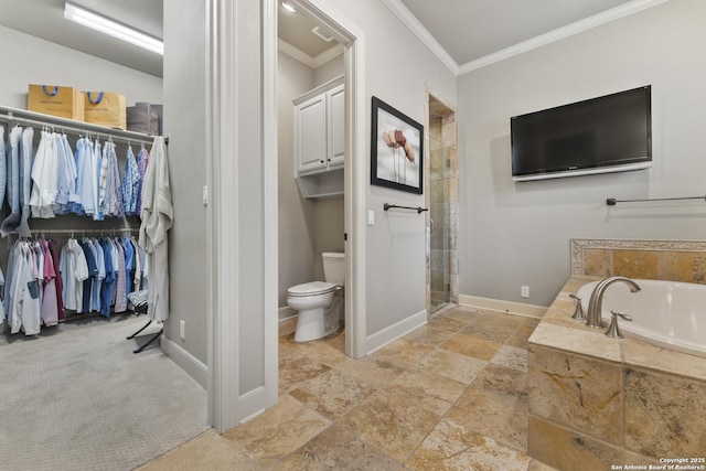 bathroom featuring shower with separate bathtub, toilet, and ornamental molding