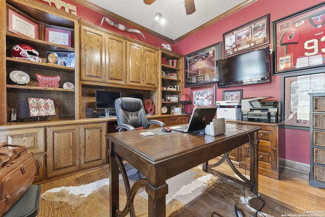 office space with hardwood / wood-style flooring, ceiling fan, and crown molding