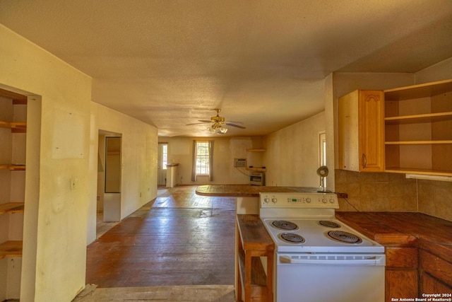 kitchen with ceiling fan, light brown cabinets, white electric range, tasteful backsplash, and a textured ceiling