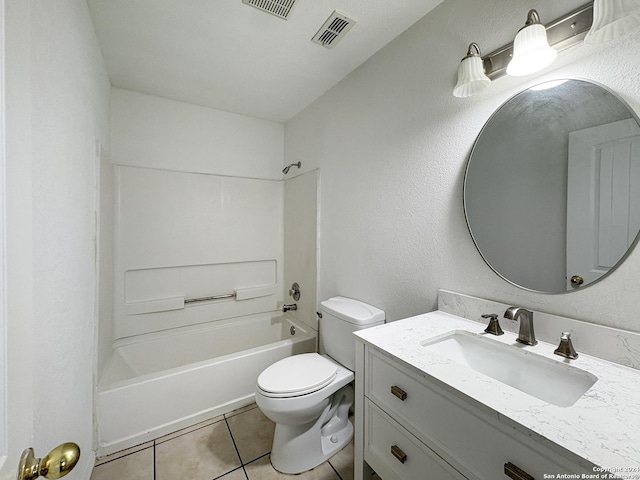 full bathroom with toilet, tile patterned flooring, vanity, and washtub / shower combination