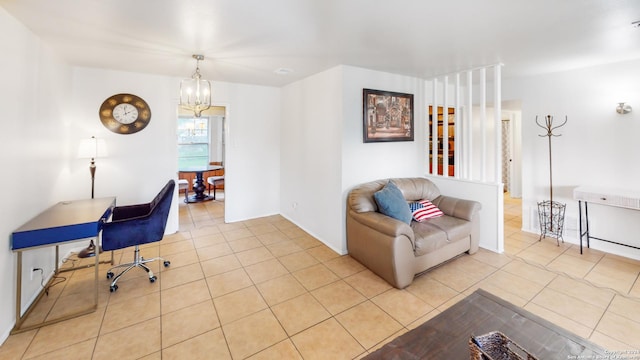 office area featuring light tile patterned floors and an inviting chandelier