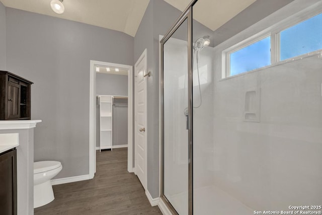 full bathroom featuring a walk in closet, toilet, a stall shower, vanity, and wood finished floors