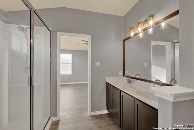 full bathroom featuring a stall shower, a sink, and wood finished floors