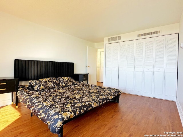 bedroom featuring wood-type flooring and a closet