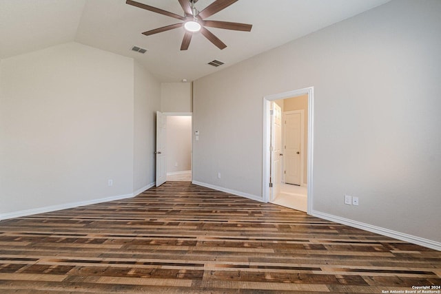 unfurnished bedroom with ceiling fan, dark hardwood / wood-style flooring, and vaulted ceiling