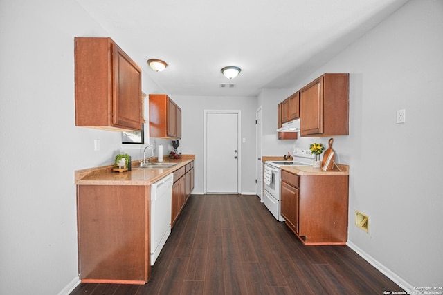 kitchen with dark hardwood / wood-style floors, white appliances, and sink