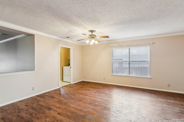 empty room with dark wood-type flooring, crown molding, ceiling fan, a textured ceiling, and washer / clothes dryer