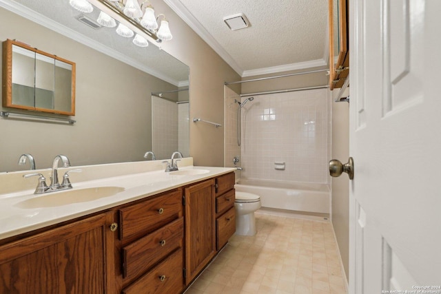 full bathroom featuring vanity, bathtub / shower combination, toilet, ornamental molding, and a textured ceiling