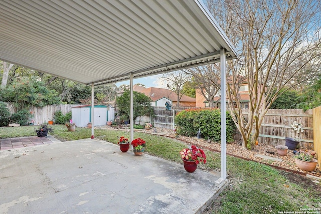 view of patio / terrace with a storage shed