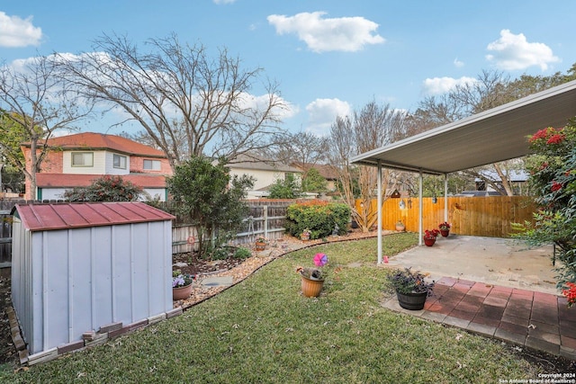 view of yard featuring a storage shed and a patio area