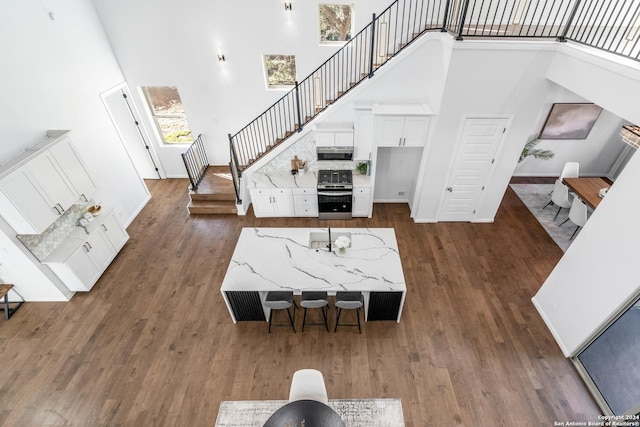 living room featuring dark wood-type flooring and a high ceiling