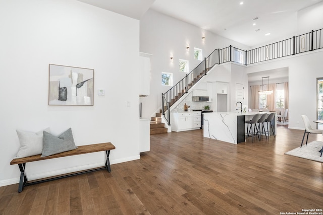 interior space featuring dark hardwood / wood-style flooring and a high ceiling