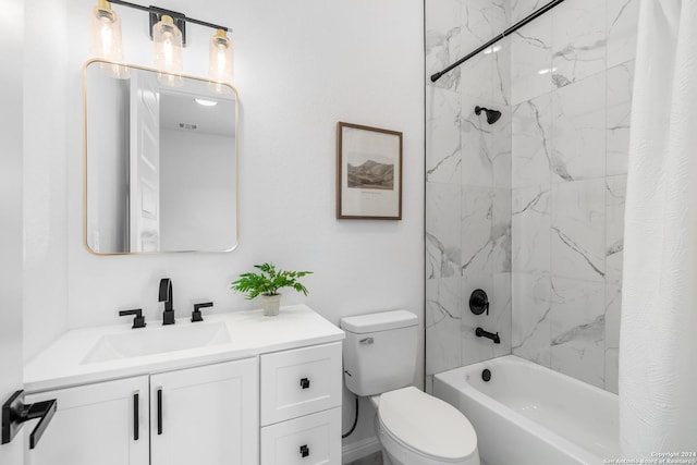 full bathroom featuring vanity, shower / bath combo, and toilet