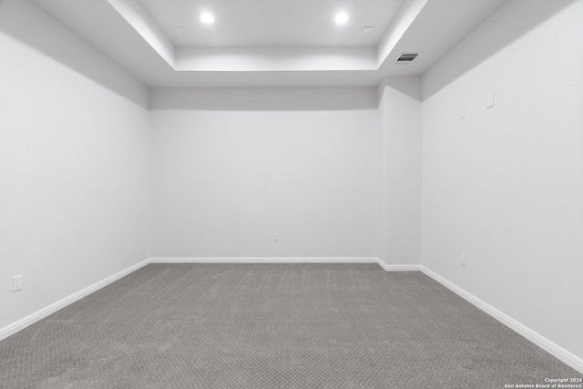 empty room with carpet floors and a tray ceiling