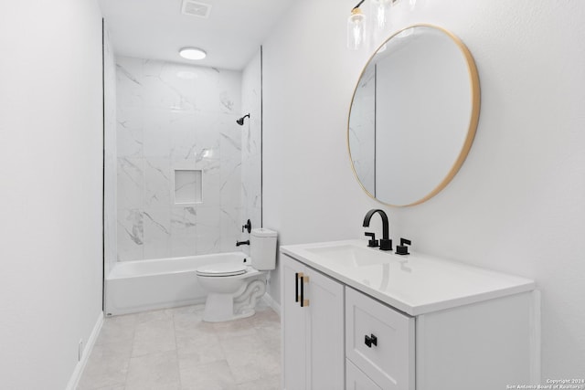 full bathroom with tiled shower / bath combo, toilet, and vanity