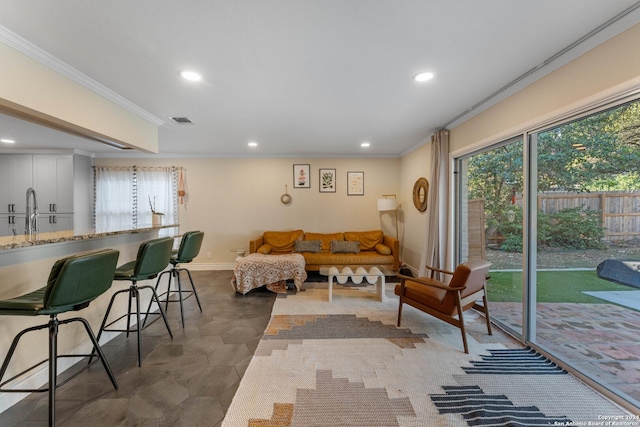 living room featuring sink and crown molding