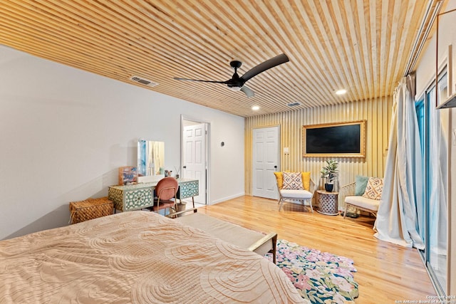 bedroom featuring ceiling fan, wood-type flooring, and wooden ceiling