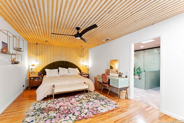 bedroom featuring ceiling fan, light wood-type flooring, and wooden ceiling