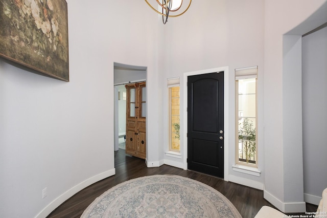 entryway with dark hardwood / wood-style flooring and a towering ceiling