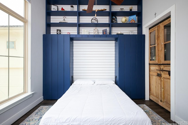 bedroom featuring multiple windows and dark hardwood / wood-style floors