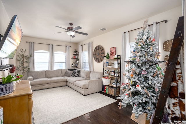 living room with ceiling fan and wood-type flooring