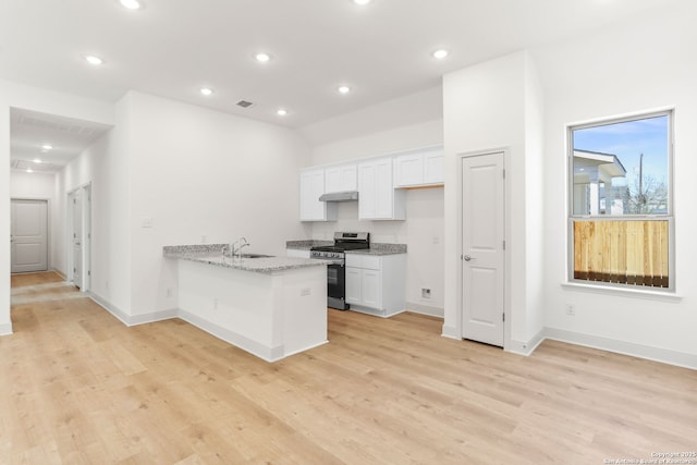 kitchen featuring a peninsula, white cabinetry, visible vents, a sink, and stainless steel range oven