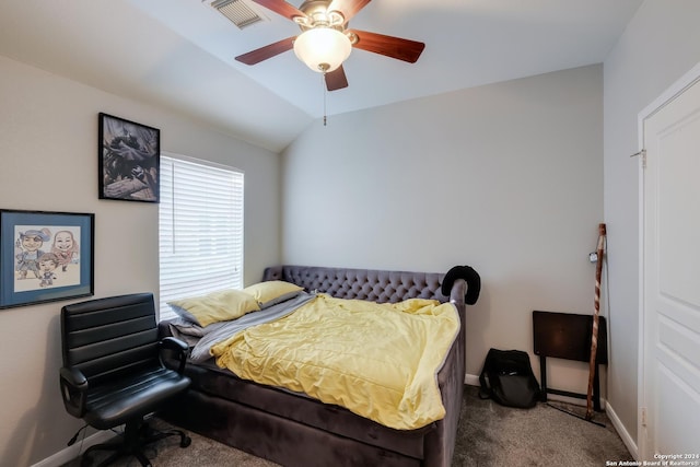 bedroom featuring carpet flooring, ceiling fan, and lofted ceiling