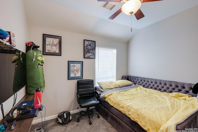 bedroom featuring ceiling fan, carpet, and vaulted ceiling