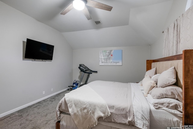 bedroom featuring carpet, ceiling fan, and lofted ceiling