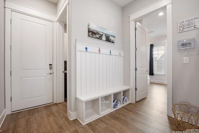 mudroom with wood-type flooring