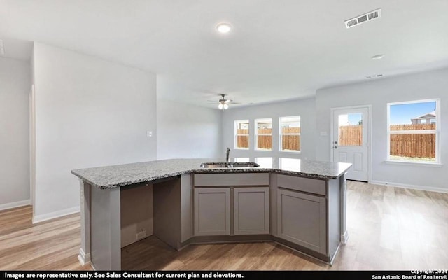 kitchen with gray cabinetry, a kitchen island with sink, sink, and light wood-type flooring