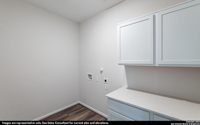 washroom featuring hookup for an electric dryer, hookup for a washing machine, dark hardwood / wood-style flooring, and cabinets