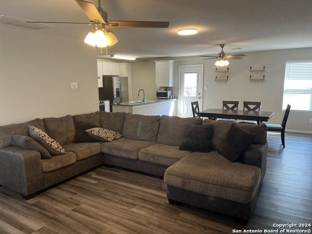 living room with ceiling fan, a healthy amount of sunlight, and sink